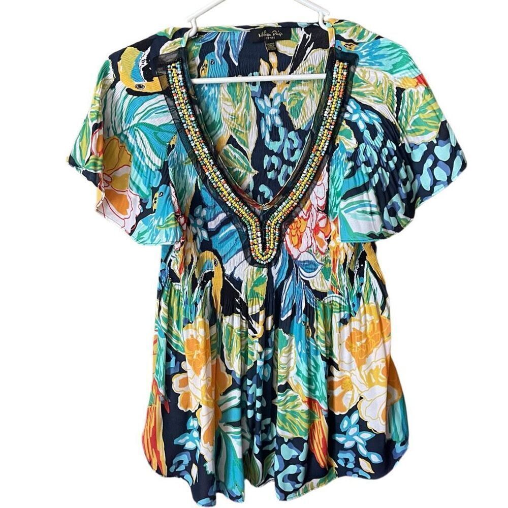Melissa Paige size PXL tropical beaded smocked boho top.